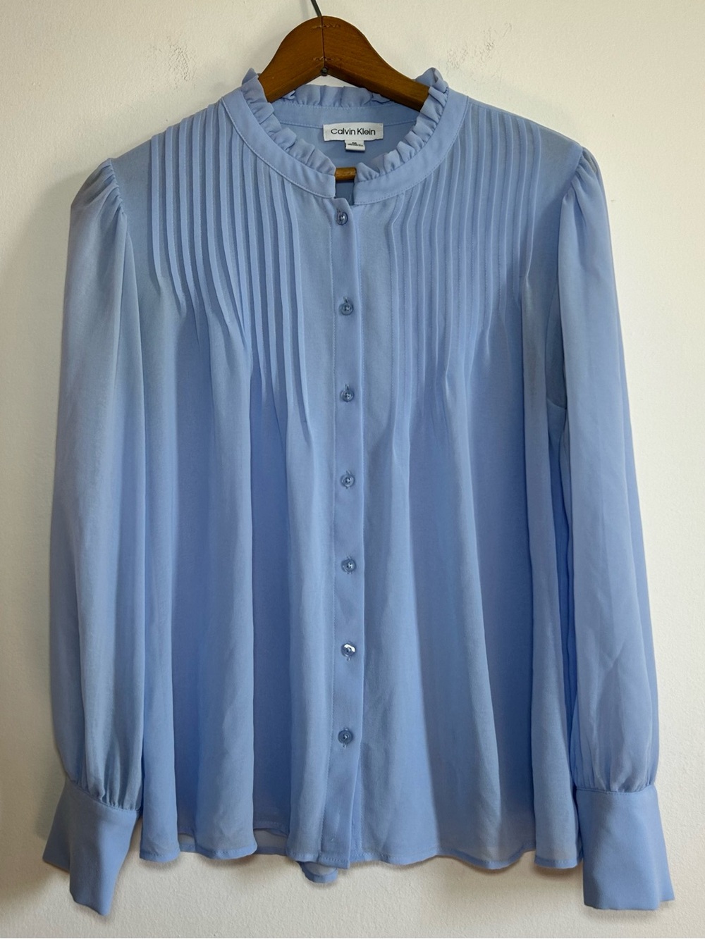 Calvin Klein Womens Blouse Medium Blue Pleated Long Sleeve Lightweight Button Up
